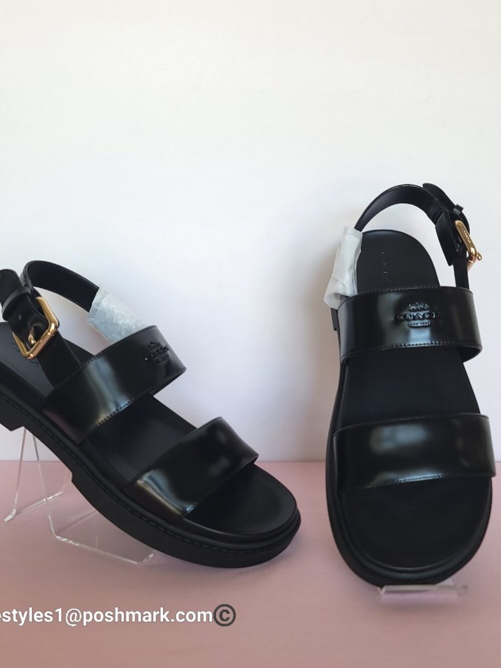 COACH Lockup Two Band Spazzolato Leather Sandals - Black color. Women's US 8.5B⭐ - Picture 4 of 16